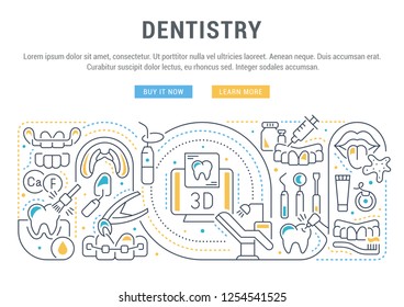 Linear banner of dentistry. Vector icons of stomatology and orthodontics for web sites and applications.