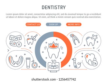 Linear banner of dentistry. Vector icons of stomatology and orthodontics for web sites and applications.