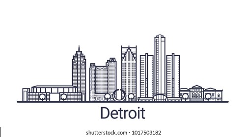 Linear banner of Detroit city. All buildings - customizable different objects with clipping mask. Line art.