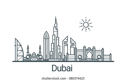 Banner linear da cidade de Dubai. Todos os edifícios - objetos diferentes personalizáveis com preenchimento de fundo, para que você possa alterar a composição do seu projeto. Arte de linha.