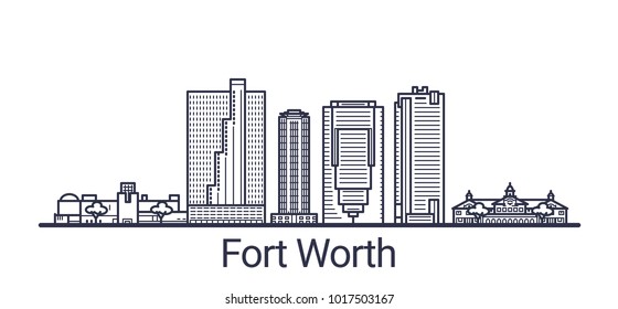 Linear banner of Fort Worth city. All buildings - customizable different objects with clipping mask. Line art.