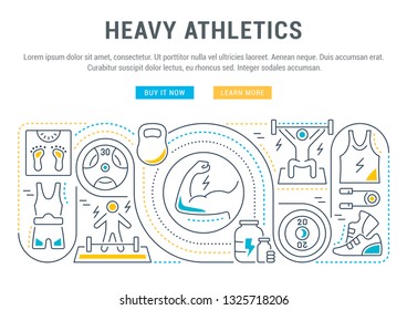 Linear banner of the heavy athletics. Vector linear icons for web sites and applications.   