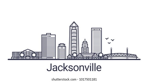 Linear banner of Jacksonville city. All buildings - customizable different objects with clipping mask, so you can change background and composition. Line art.