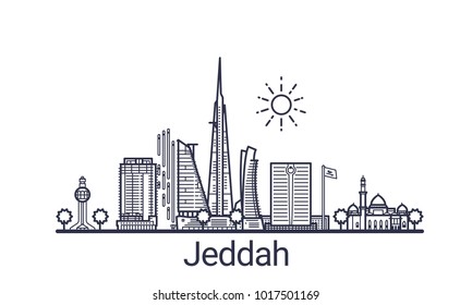 Linear banner of Jeddah city. All buildings - customizable different objects with clipping mask, so you can change background and composition. Line art.