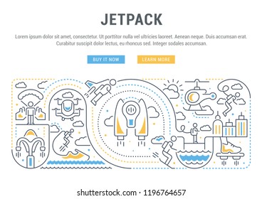 Linear banner of jetpack. Vector illustration of technology and new types of air transport.