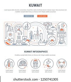 Linear banner of Kuwait. Vector illustration of touristic attractions and attributes.