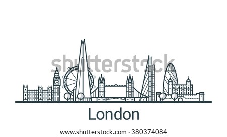 Linear banner of London city. All buildings - customizable different objects with background fill, so you can change composition for your project. Line art.