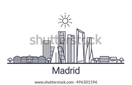 Linear banner of Madrid city. All Madrid buildings - customizable objects with opacity mask, so you can simple change composition and background fill. Line art.