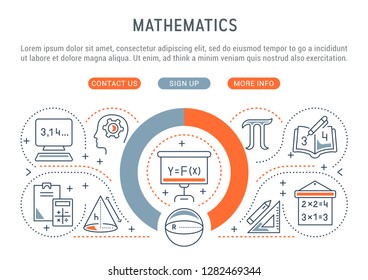 Linear banner of the mathematics. Vector linear icons for web sites and applications.   