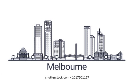 Linear banner of Melbourne city. All buildings - customizable different objects with clipping mask, so you can change background and composition. Line art.