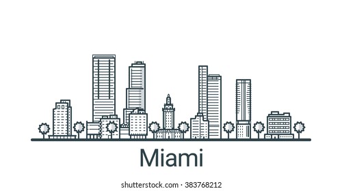 Linear banner of Miami city. All buildings - customizable different objects with background fill, so you can change composition for your project. Line art.