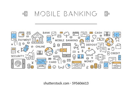 Linear banner for mobile banking. Web line concept mobile payments.