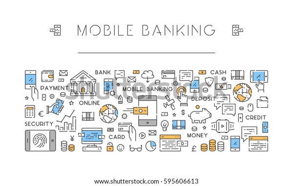Linear Banner Mobile Banking Web Line Stock Vector Royalty Free