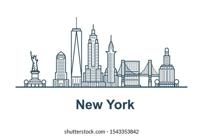 Lineares Banner der Stadt New York. Alle Gebäude - individuell anpassbare Objekte mit Hintergrundfüllung, sodass Sie die Komposition für Ihr Projekt ändern können. Line Art.