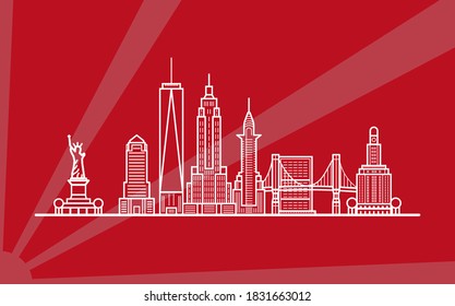 Linear banner of New York city. All buildings - customizable different objects with background fill, so you can change composition for your project. Line art.