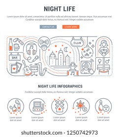 Linear banner of the night life. Vector icons of the bar, club, pub. 