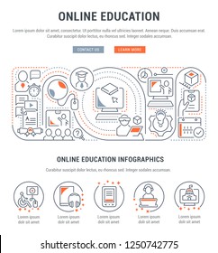 Linear banner of the online education. Icons for websites and applications.