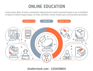 Linear banner of the online education. Icons for websites and applications.