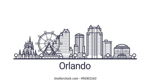 Linear banner of Orlando city. All Orlando buildings - customizable objects with opacity mask, so you can simple change composition and background fill. Line art.