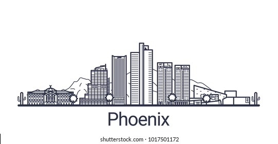 Linear banner of Phoenix city. All buildings - customizable different objects with clipping mask, so you can change background and composition. Line art.