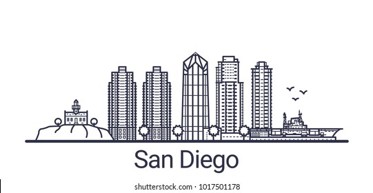 Lineares Banner der Stadt San Diego. Alle Gebäude - individuell anpassbare Objekte mit Beschneidungsmaske, sodass Sie Hintergrund und Komposition ändern können. Line Art.