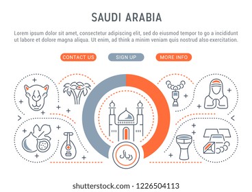 Linear banner of Saudi Arabia. Vector illustration of touristic attractions and attributes.
