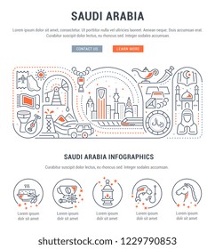 Linear banner of Saudi Arabia. Vector illustration of touristic attractions and attributes.