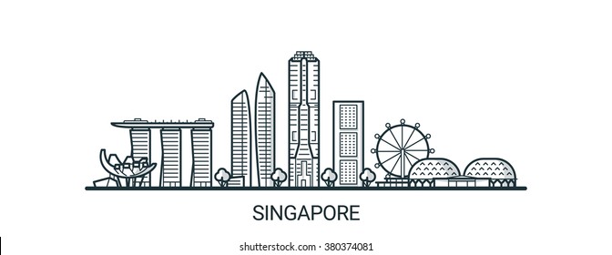 Linear banner of Singapore city. All buildings - customizable different objects with background fill, so you can change composition for your project. Line art.