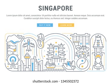 Linear banner of Singapore. Icons of country attractions for card and web sites.