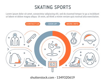 Linear banner of the skating sports. Vector linear icons for web sites and applications.   