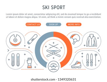 Linear banner of the ski sport. Vector linear icons for web sites and applications.   