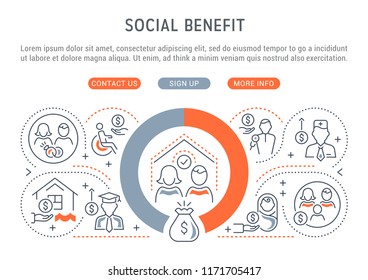 Linear banner of the social benefit. Vector illustration of the government public support.