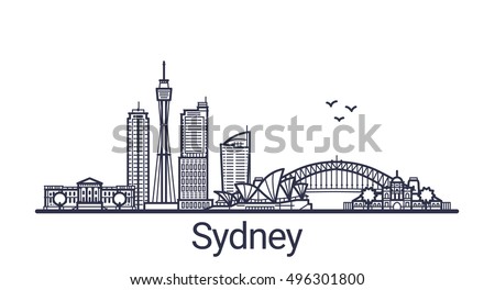 Linear banner of Sydney city. All Sydney buildings - customizable objects with opacity mask, so you can simple change composition and background fill. Line art.