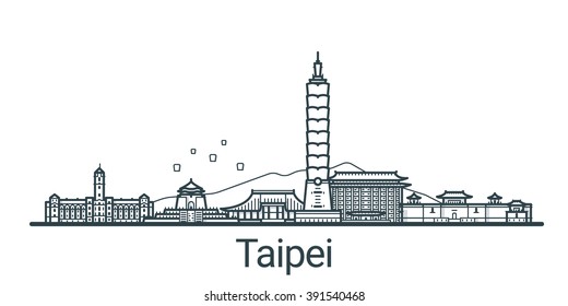 Linear banner of Taipei city. All buildings - customizable different objects with background fill, so you can change composition for your project. Line art.