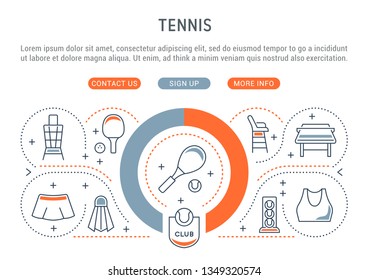Linear banner of the tennis. Vector linear icons for web sites and applications.   