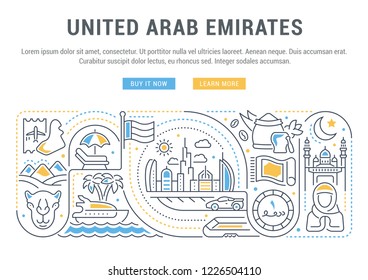 Linear banner of United Arab Emirates. Dubai and Abu Dhabi attractions. Icons for card and web sites.