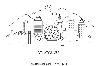 Linear banner of Vancouver city. City vector panoramic sketch drawing. Line art Vancouver, Canada.