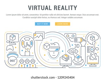 Linear banner of the virtual reality. Vector illustration with isometric and flat elements.