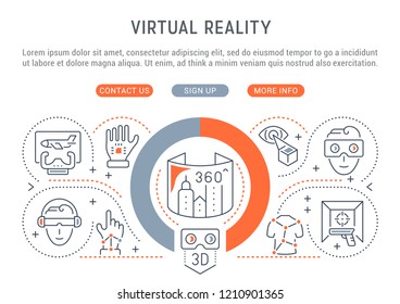 Linear banner of the virtual reality. Vector illustration with isometric and flat elements.