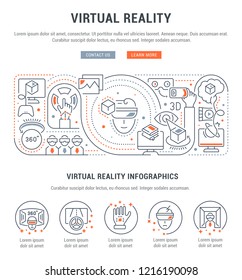 Linear banner of the virtual reality. Vector illustration with isometric and flat elements.