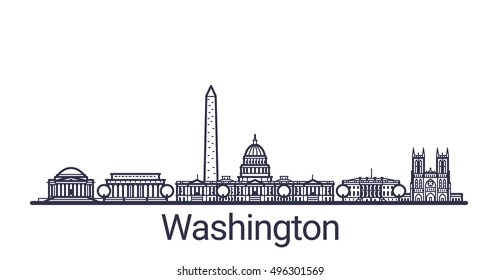 Linear banner of Washington city. All Washington buildings - customizable objects with opacity mask, so you can simple change composition and background fill. Line art.