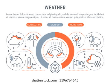 Linear banner of weather. Vector illustration of climate conditions.