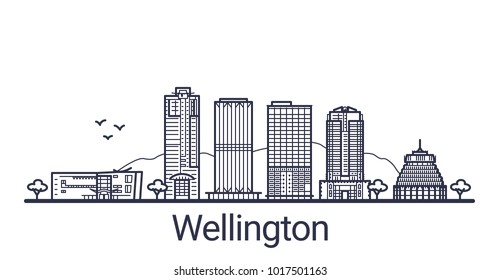 Linear banner of Wellington city. All buildings - customizable different objects with clipping mask, so you can change background and composition. Line art.