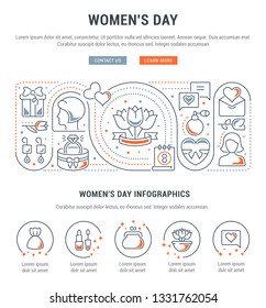 Linear banner of the women's day. Vector linear icons for web sites and applications. 