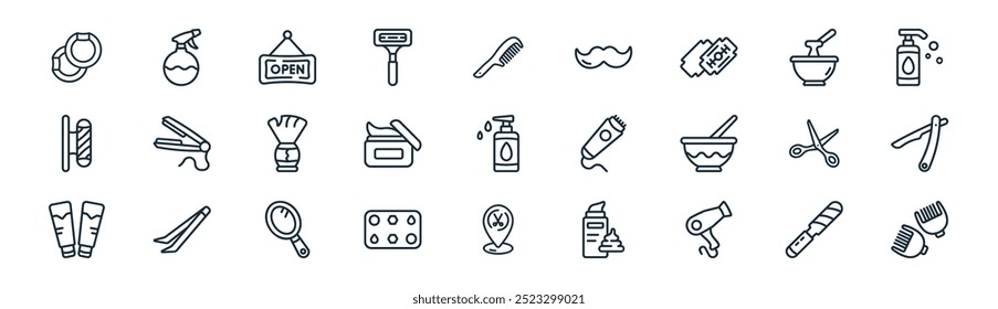 lineares Barbershop Icon Pack. Vektor dünne Linie Nagelfeile, Wasserspray, offen, Wachsen, Haarcreme, Rasierklinge, Lage, Haarschneider Symbole geeignet für Apps und Websites ui Designs