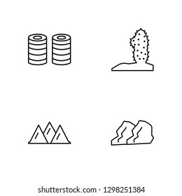 Linear Barrel, Mountain, Cactus, Rock Vector Illustration Of 4 outline Icons. Editable Pack Of Barrel, Mountain, Cactus, Rock