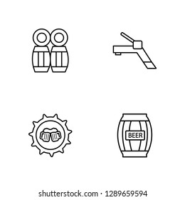Linear Barrels, Bottle cap, Tap, Barrel Vector Illustration Of 4 outline Icons. Editable Pack Of Barrels, Bottle cap, Tap, Barrel