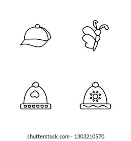 Linear Baseball cap, Beanie, Dragonfly, Beanie Vector Illustration Of 4 outline Icons. Editable Pack Of Baseball cap, Beanie, Dragonfly, Beanie