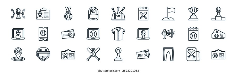 linear baseball icon pack. vector thin line ticket, badge, medal, trophy, laptop, ticket, trophy, badge icons suitable for apps and websites ui designs