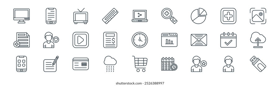 linear basic ui icon pack. vector thin line user, mobile, television, plus, file invoice, cloud upload, shopping cart, pendrive icons suitable for apps and websites ui designs